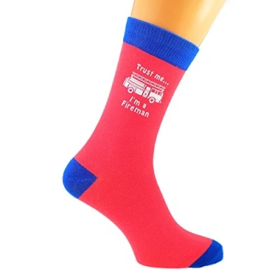 Image of Trust me I&#039;m a Fireman AND Fire Engine Image Printed on TWO TONE SALMON PINK BLUE Mens Cotton Rich Socks