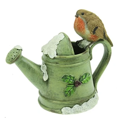 Image of Ceramic Robin on a Watering Can Christmas Figurine