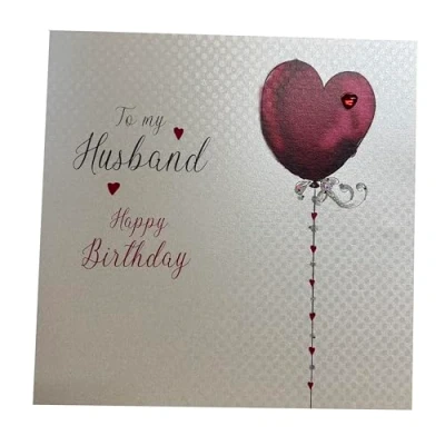 Image of white cotton cards Heart Balloon To My Husband Happy Birthday Handmade Card, White, WB194
