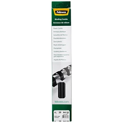 Image of Fellowes A4 6 mm Plastic Binding Combs for Comb Machine, Binds 2 to 20 Pages, Black, Pack of 26, 5330302