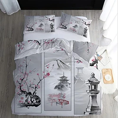 Image of WQIZXCW Japanese Bedding King Size Duvet Cover Sets 3Pcs, Cherry Blossom Mount Fuji Asian Style Brushed Microfibre Patterned Quilt with Zip and 2 Pillowcases, Ultra Soft &amp; Easy Care