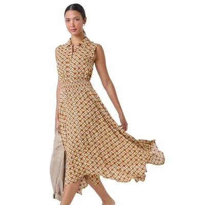 Image of Roman Originals Women Tropical Leaf Print Shirt Dress Ladies Spring Everyday Summer Holiday Collar Neck Soft Short Sleeve Button Down Gown Cruise Belt Vacation Dark Orange Size 18