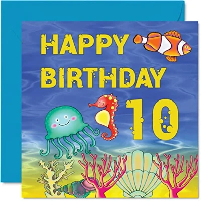 Image of 10th Birthday Card Boy Girl Sealife Happy 10 Year Old Boy, Boys Cards for Him Her, 145mm x Greeting Son Nephew Grandson Daughter Brother
