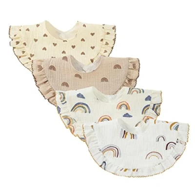 Image of Nishine 4 pcs Unisex Baby Muslin Bandana Drool Bibs 360 Degree Rotatable Cotton Teething Feeding Drooling for Boy Girl (rainbow set)
