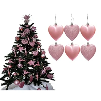 Image of 6pc Large Glitter &amp; Matte Heart Baubles Great Christmas Tree Decorations, (Blush)