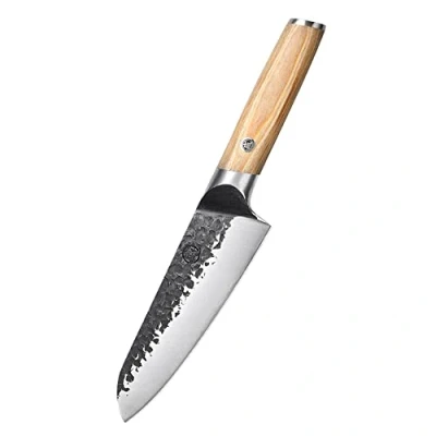 Image of MITSUMOTO SAKARI Japanese Hand Forged Kitchen Knife, 7 inch Professional Santoku Chef High Carbon Stainless Steel Cooking Knife (Pakkawood Handle)