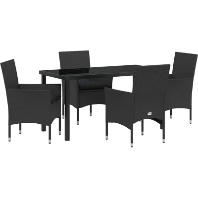 Image of vidaXL 5 Piece Garden Dining Set with Cushions Black Poly Rattan