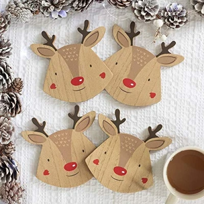 Image of Reindeer Coaster Set, Set of 4 wood Coasters for Christmas Entertaining