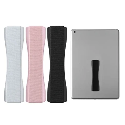 Image of kwmobile Tablet Hand Strap Holder (Set of 3) Elastic Adhesive Grip Universal Loop to Stick on Back Tablets and Cases Black/Rose Gold/Silver
