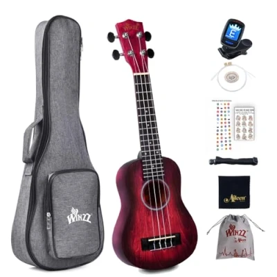 Image of Winzz Kids Adults Ukulele Soprano Beginner Kit 21 Inches with 8 Accessories, Unique Color DesignRed