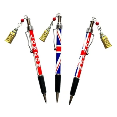 Image of London Landmarks Charm Pen: Union Jack Pens with Bus, Telephone Box, and Big ben Charms (Set of 3) (3 x charms)