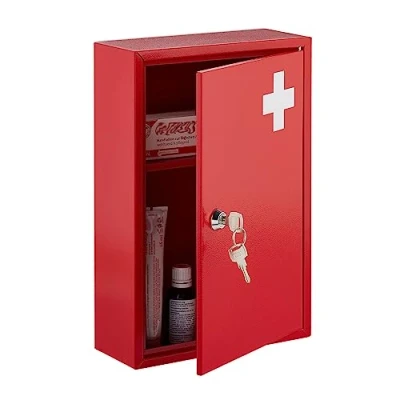 Image of Relaxdays Medicine Cabinet, Lockable, 2 Compartments, HxWxD: 32 x 21.5 9.5 cm, Wall Mount, First Aid, Metal, Red/White, Iron