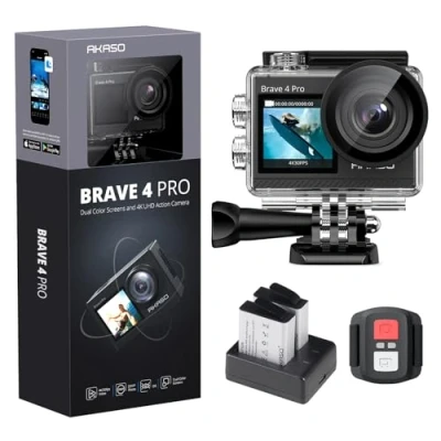 Image of AKASO 4K30fps Waterproof Action Camera 20MP Dual Screen 40M Underwater Camera, Stabilization, 5x Zoom, Remote Control Sports with Accessory Kit (Brave 4 Pro)