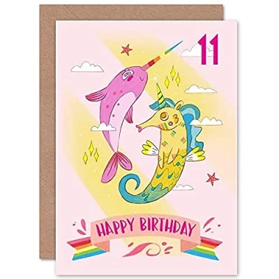 Image of Wee Blue Coo Unicorn Seahorse Narwhal 11th Birthday Greeting Card With Envelope Blank Inside Premium Quality