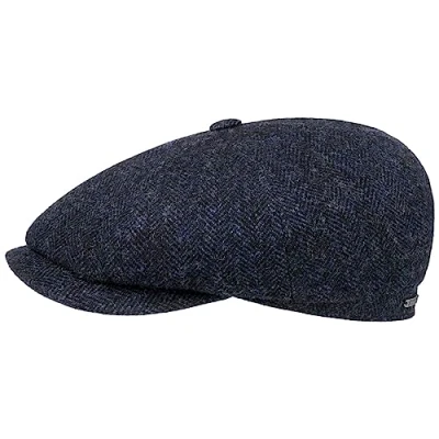 Image of Stetson Hatteras Classic Wool Flat Cap Men Newsboy with Peak, Lining, Lining Autumn Winter 61 cm Black Blue