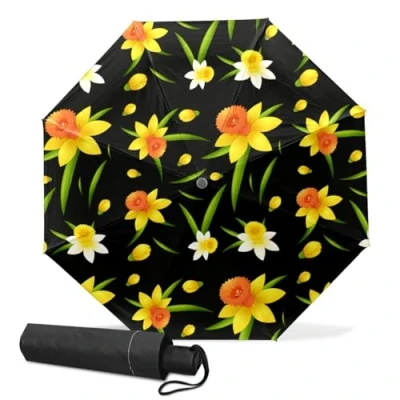 Image of GISPOG Automatic Folding Umbrella, Seamless Daffodil Flowers Waterproof Compact Sun and Rain Travel Umbrellas for Women &amp; Men