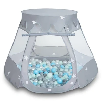 Image of Selonis Play Tent 105X90cm/300 Balls Castle House Pop Up Ballpit Plastic For Kids, Grey:Pearl Grey Transparent Babyblue Mint