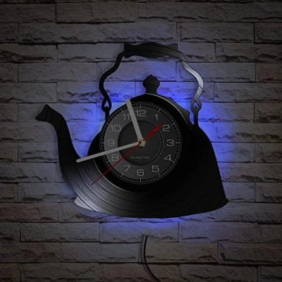 Image of Smotly Vinyl wall clock, teapot pattern shaped analog clock with LED night light function, is a gift for tea lovers.