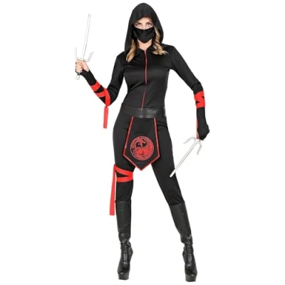 Image of Widmann 30052 Ninja Costume, Jumpsuit with Hood, face mask, Belt, arm, Leg Cord, Japanese Fighter, Theme Party, Carnival, Fancy Dress, Solid, Multicoloured, M