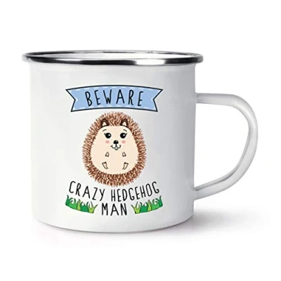 Image of Beware Crazy Hedgehog Man Retro Enamel Mug Cup