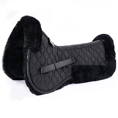 Image of Merauno® Lambskin Half Pad Sheepskin Saddle Clear Spine Fully Lined Merino Wool Dressage Jumping Pads for Horses High Withers Free (Full, Black Lambskin+Black Quilted Cotton)