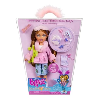 Image of Bratz Slumber Party Yasmin Fashion Doll With 2 Sets of Pyjamas, Plush, and Accessories Suitable for Kids Collectors
