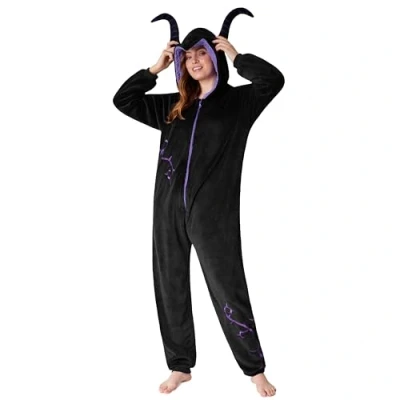 Image of Disney Stitch Onesies for Women Fluffy Minnie Mouse Eeyore Maleficent Onesie Pyjamas Lounge Wear Gifts (Black Maleficent, S)