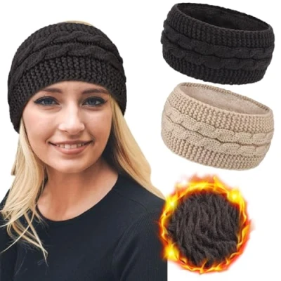 Image of DRESHOW Women Warm Knitted Headband Winter Ear Warmer Crochet Head Wraps Thick Fleece Lining Hair Bands