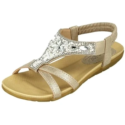 Image of Jo &amp; Joe Ladies Faux Leather Peep Open Toe Sling Back T Bar Dimante Flat Flip Flop Sandals Size 3 8 (UK 6, Gold)