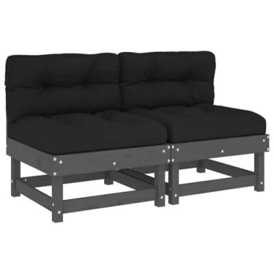 Image of vidaXL Middle Sofas with Cushions 2 pcs Grey Solid Pine Wood Outdoor Seating for Patio, Garden Modular Design, Comfortably Padded
