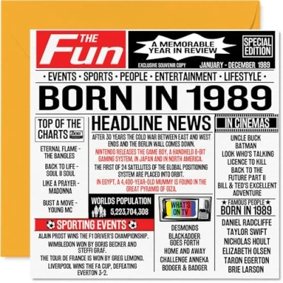 Image of 35th Birthday Cards for Men Women Born In 1989 Newspaper Happy 35 Card Brother Sister Friends Vintage Retro Back 1989, 145mm x Thirty Five Fifth Bday Greeting