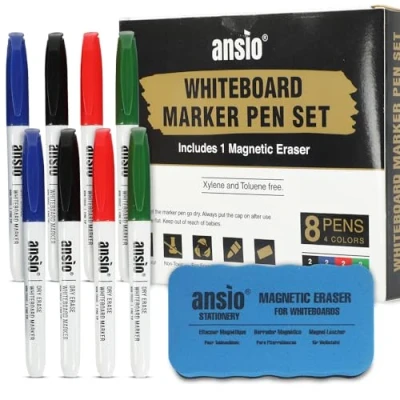 Image of ANSIO Whiteboard Pens, Markers set with Magnetic Eraser, White Board Markers, (8 Pens + Eraser)