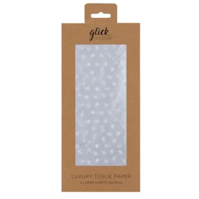 Image of Glick Four Sheets Tissue Paper, Silver Paper for Valentine, Christmas and Birthdays, Stars on Wrap