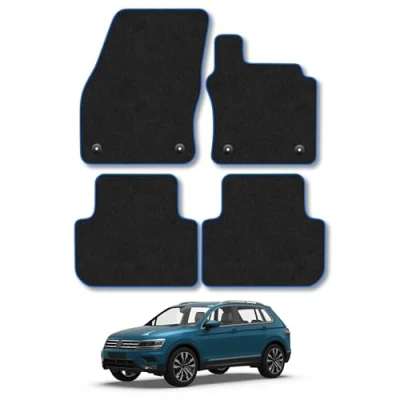 Image of Car Mats Compatible with VW Tiguan (2016+) Tailored Fit Blue Trimmed Carpet Floor Mat Set Accessory Black Custom Fitted 4 Pieces Clips Anti Slip Backing &amp; Trim Edging