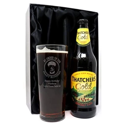 Image of Personalised Pint Glass &amp; Cider Peaky Blinders Design (Thatchers Gold Somerset Cider, Silk Lined Gift Box)