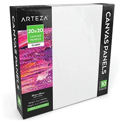 Image of Arteza 20 x cm Blank Square Canvas Board Panels, Pack of 10, 100% Cotton,Primed with Acid Free Titanium Acrylic Gesso, for Professional Artists,Hobby Painters, Pouring,and Painting,White