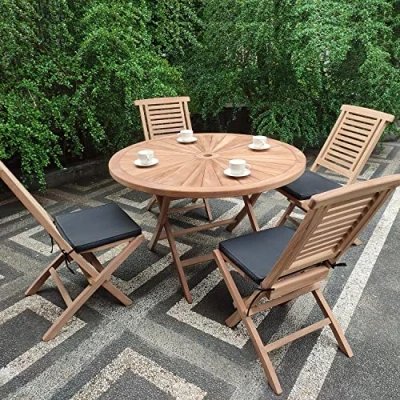 Image of Emporium Furniture Outdoor Garden Wooden Dining Table and Chairs Quality Teak Wood 4 Seater Sets Balcony Bistro Patio (Sunburst Set)