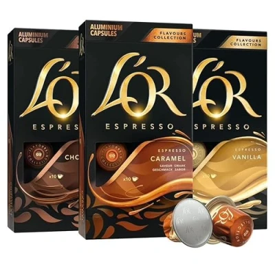 Image of L&#039;OR Espresso Chocolate, Vanilla and Caramel Flavour Coffee Pods X 9 (Pack of 9, Total 90 Capsules)