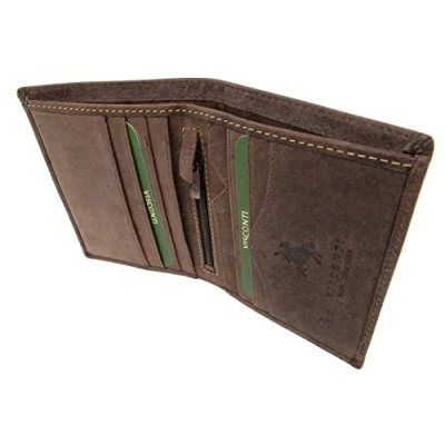 Image of VISCONTI Men&#039;s Small Bifold Leather Wallet RFID Protected 6 Credit Card Slots, Note Section &amp; Coin Pocket Gift Boxed 705 Arrow Oil Brown