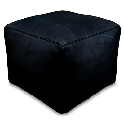 Image of See the Good Square Leather Pouffe Handmade Delivered stuffed Ottoman footstool, floor cushion (Black)