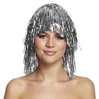 Image of SKYTE® Adult Fancy Disco Dress Shiny Metallic Foil Tinsel Wig Costume Accessory Silver Strands
