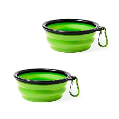 Image of eBuyGB Portable Folding Collapsible Pop Up Silicone Travel Pet Dog Cat Food Water Bowl with Metal Carabiner, 450ml, Pack of 2 (Green)