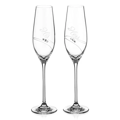 Image of DIAMANTE Swarovski Crystal Champagne Flutes Prosecco Glasses His &amp; Hers Set of 2 (Champagne 210ml)