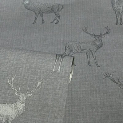 Image of SOPHIE LAURENCE Luxury Stag Deer Motif Heritage Highland Metallic Grey Silver Wallpaper for Living Room Bedroom (Grey Silver)