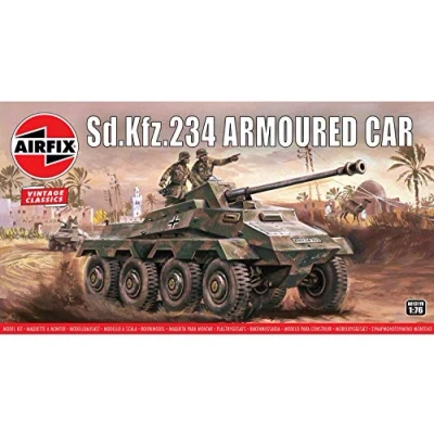 Image of Airfix Vintage Classics Set A01311V SDKFz.234 Armoured Car Plastic Model Tank Kits for Adults &amp; Children 8+, Includes 57 Pieces, Sprues Decals 1:76 Scale