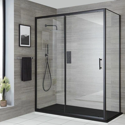 Image of Milano Nero Black Reversible Corner Walk in Sliding Door Shower Enclosure and Graphite Slate Effect Tray 1200mm x 800mm