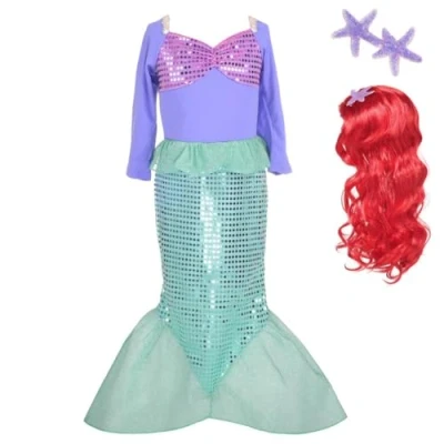 Image of Lito Angels Mermaid Costume Princess Ariel Fancy Dress Up Birthday Party Outfit with Hair Wig for Kids Girls Age 7 8 Years, Purple (Tag Number 130)