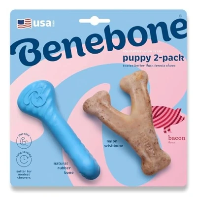 Image of Benebone Puppy 2 Pack Rubber Bone/Wishbone Bacon Tiny