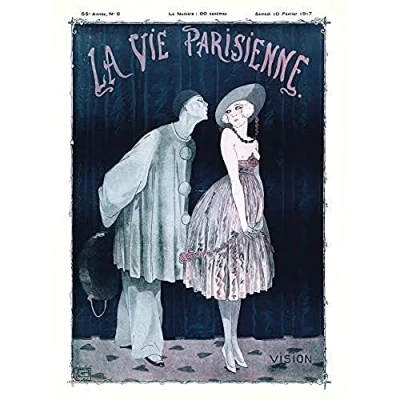 Image of Artery8 La Vie Parisienne Kissing Pierrot Clown Magazine Cover Art Print Canvas Premium Wall Decor Poster Mural