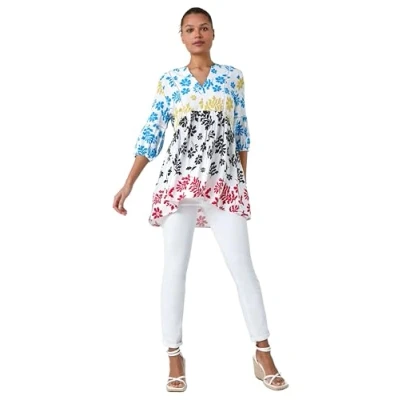 Image of Roman Originals Summer Top for Women UK Ladies Swing Tunic A Line Blouse Ladder Trim Shirt Spring Casual Smart Holiday Party Beach Cruise Gathered Waist Loose Work Multi Size 10